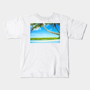 Tropical island lagoon with swinging palms trees Kids T-Shirt